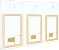 witte blanco plastic card op bankpas formaat deelbaar in 3 losse labels met elk label een MIFARE 1K RFiD NFC chip en antenne
