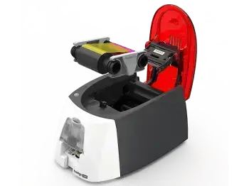 Evolis Badgy kaartprinter geopende bovenzijde met full color printlint