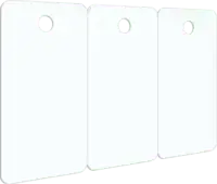 witte blanco plastic card op bankpas formaat deelbaar in 3 losse labels met rond gat per label sleutelhanger