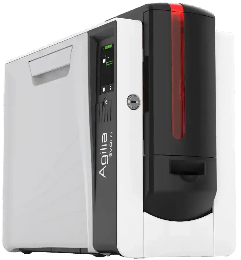 voor-zij aanzicht Evolis Agilia retransfer kaartprinter