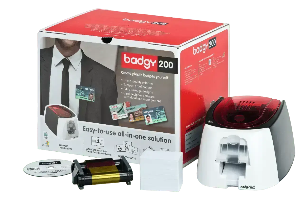 Evolis Badgy200 card printer doos met alle componenten