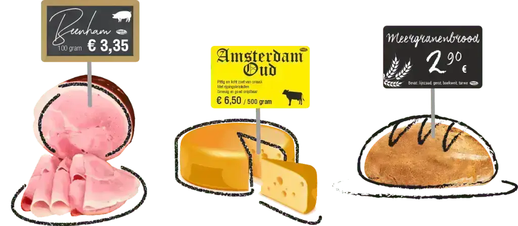 voorbeelden verswaren prijskaarten slager kaaswinkel bakker