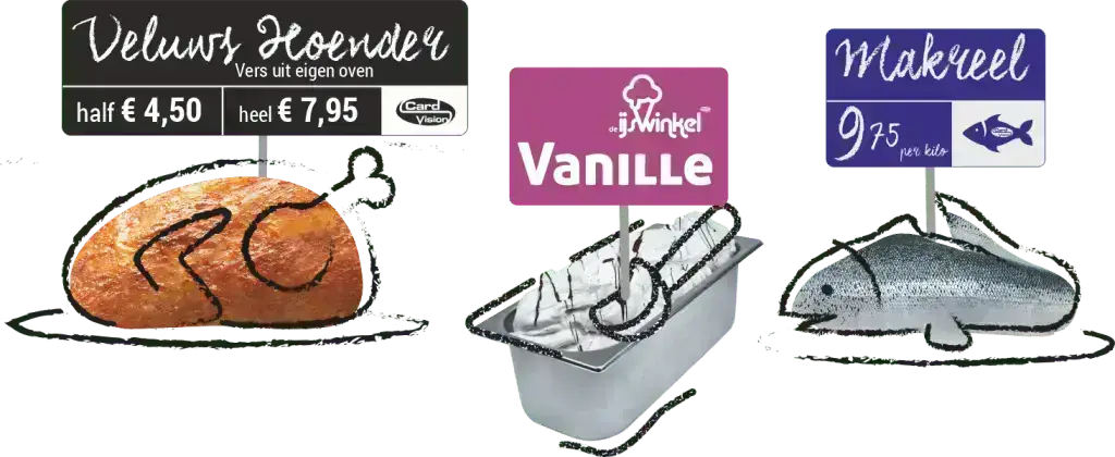 voorbeelden verswaren prijskaarten poelier ijswinkel viswinkel