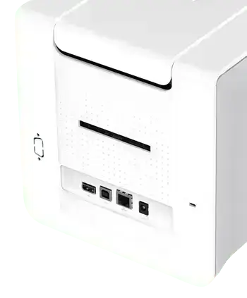 achterzijde Evolis Zenius en Evolis Primacy cardprinter met USB en LAN Netwerk Ethernet aansluiting