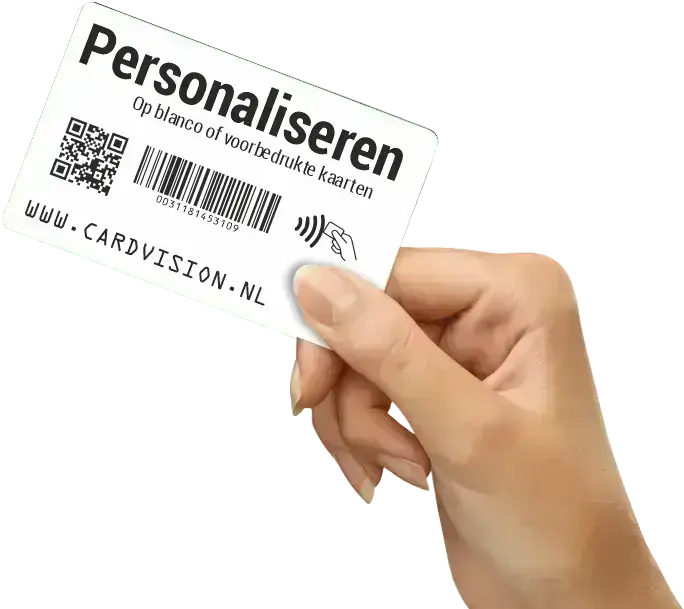 hand met gepersonaliseerde plastic card met RFiD, variabele teksten, barcode en QR code