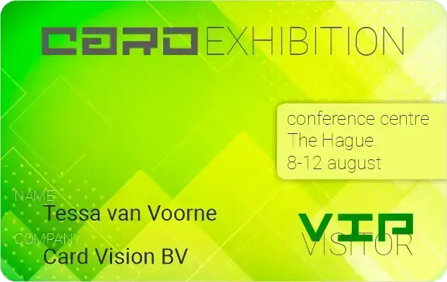 Groen gele VIP card Visitor voor expositie of beurs in conferentiecentrum, gepersonaliseerd met naam en bedrijfsnaam