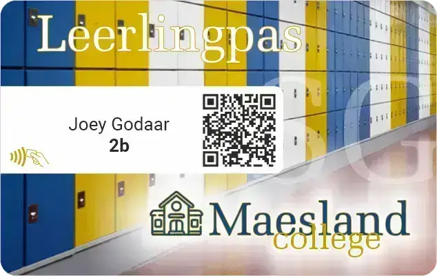 Maesland College RFiD NFC leerlingpas gepersonaliseerd met naam, klas en QR code voor blauwe, gele en witte lockers