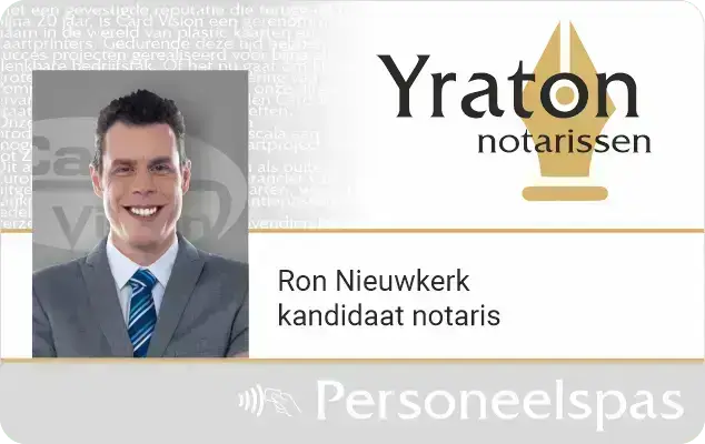 RFiD personeelspas Yraton Notarissen met logo, achtergrond, pasfoto, naam en functie