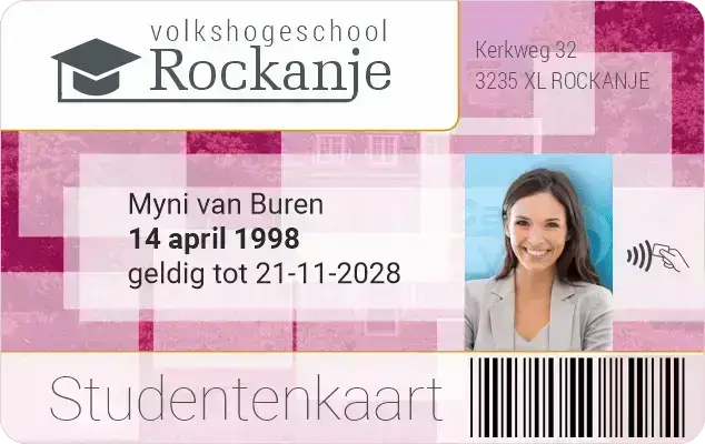 Volkshogeschool Rockanje paars-roze RFiD NFC studentenkaart met pasfoto, naam, geboortedatum, geldigheidsdatum en barcode